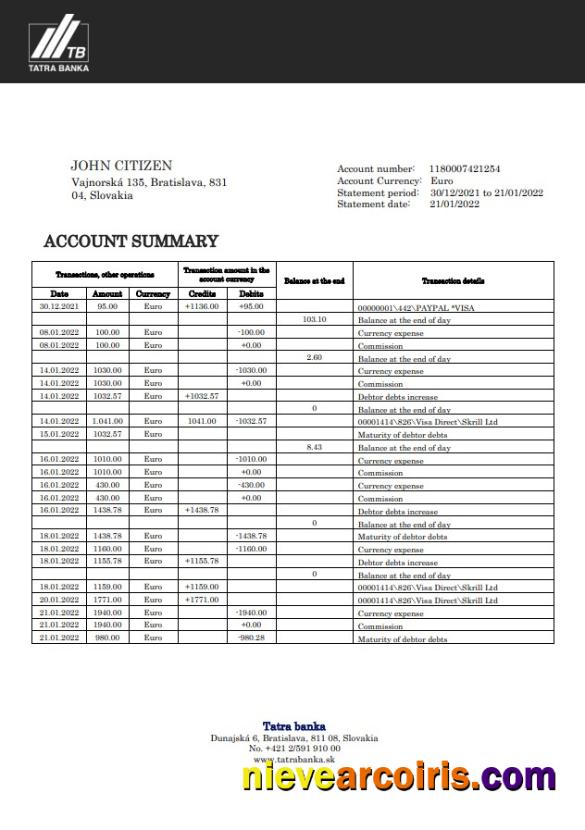 Slovakia Tatra bank statement